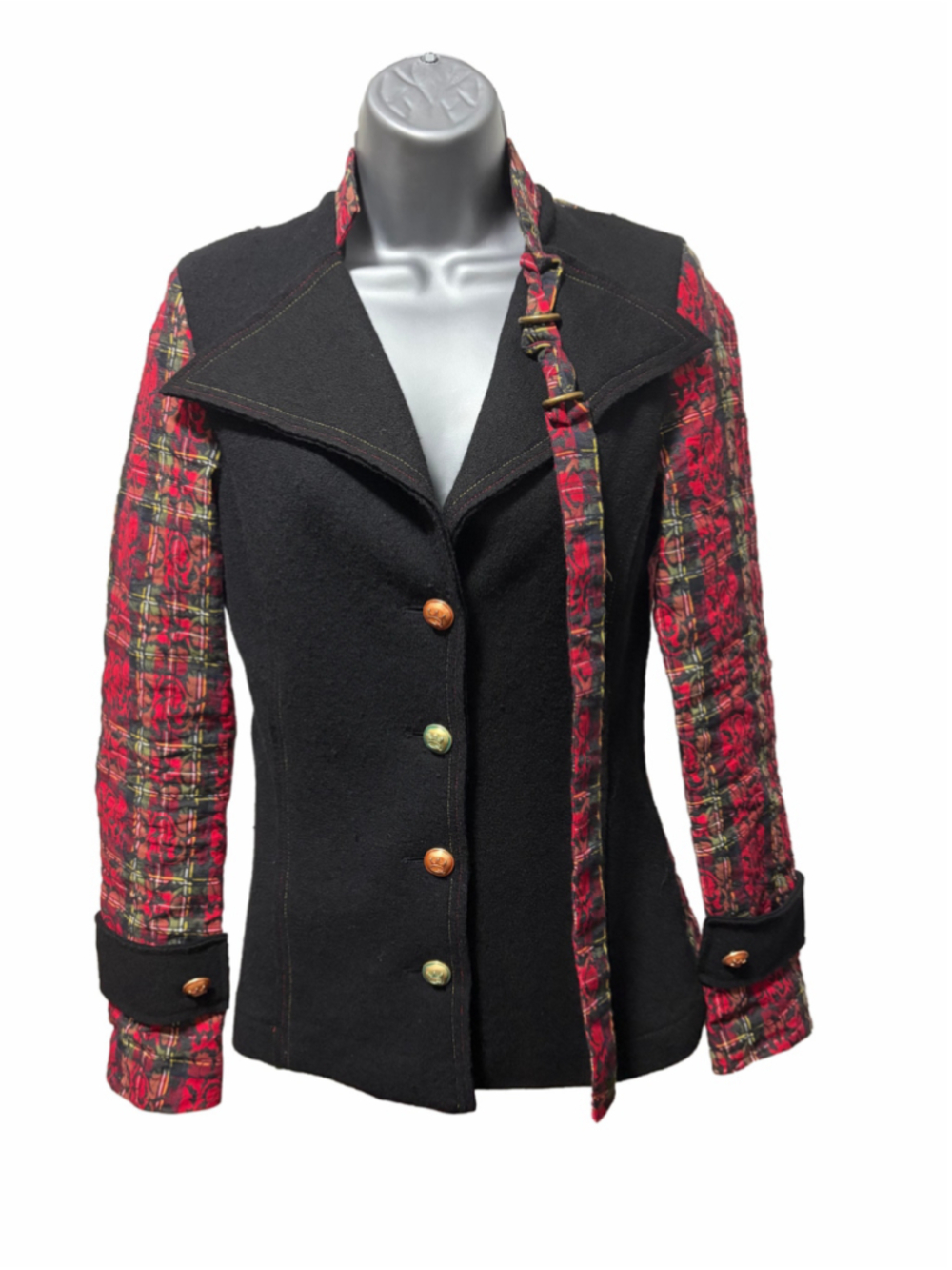 Save the Queen Jacket Womens 100% Wool Red Tartan Print Ring Toggle size small